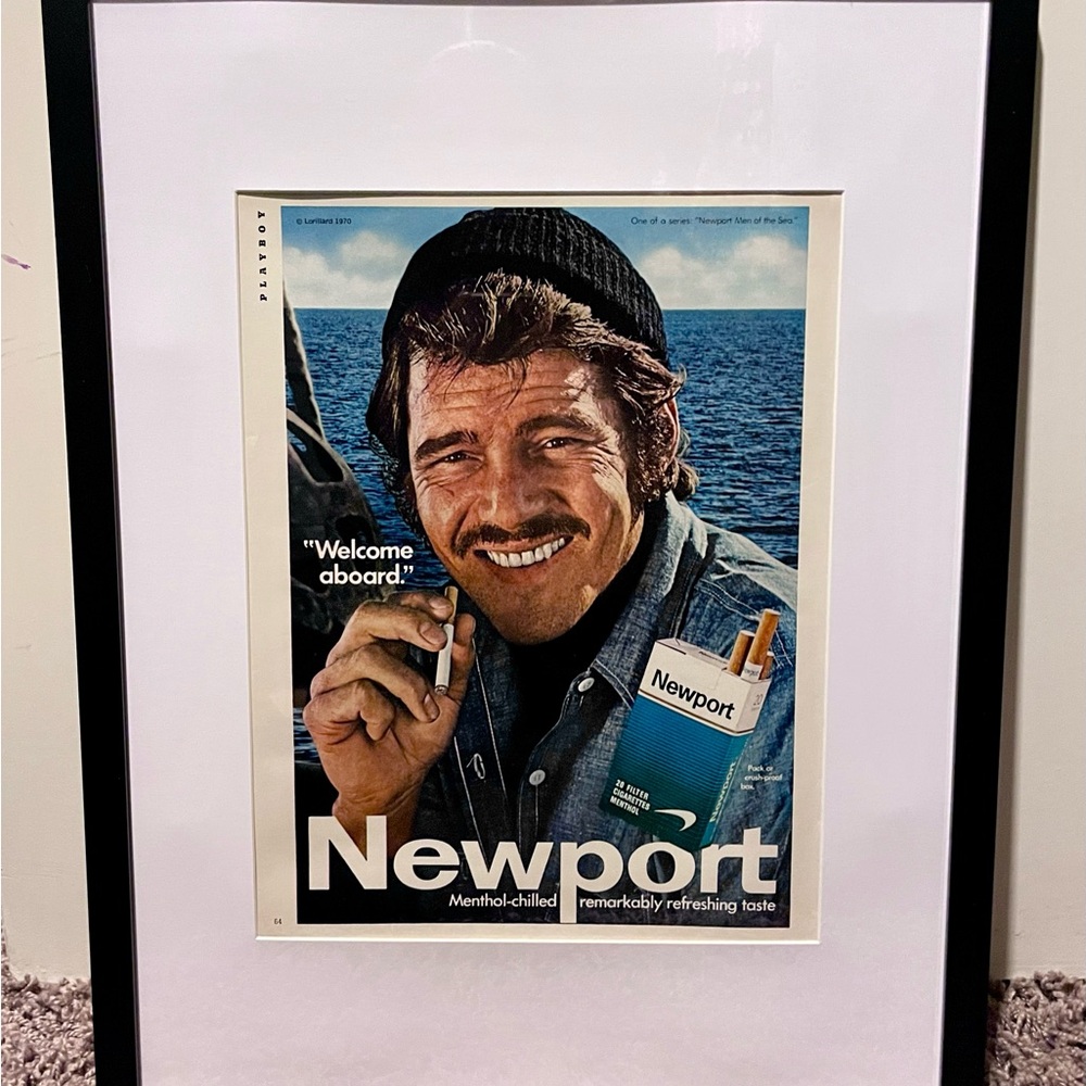 Framed Vintage Newport Advertisement from 1970 with Blue and Black Accents